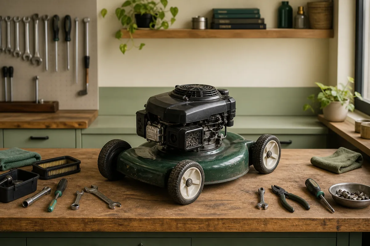 Generic mower engine and hand tools on a repair workbench